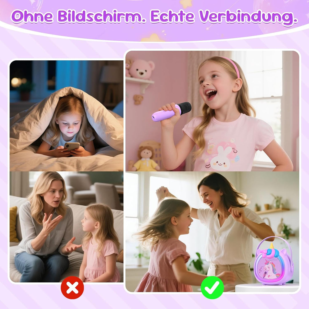 Kinder Karaoke Maschine mit 2 kabellosen Bluetooth Mikrofonen, Kompaktes Einhorn Musikspielzeug mit