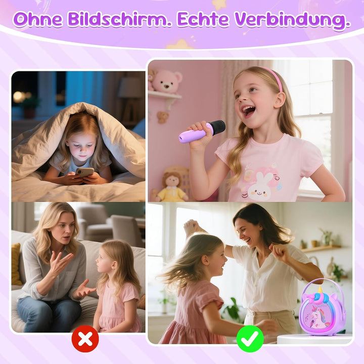 Kinder Karaoke Maschine mit 2 kabellosen Bluetooth Mikrofonen, Kompaktes Einhorn Musikspielzeug mit