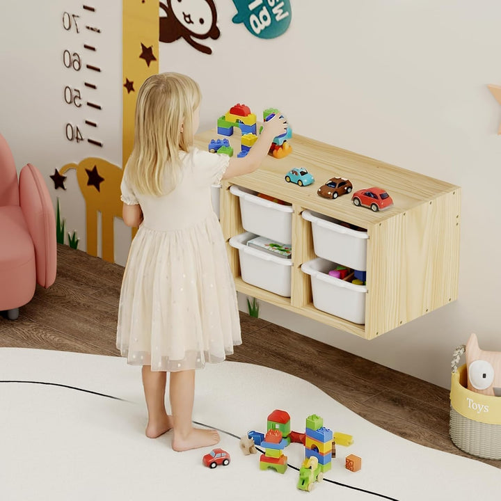 Montessori-Spielzeugregal aus Massivholz zur Wandmontage mit 6 Fächern, Spielzeugablage mit Ablagefl