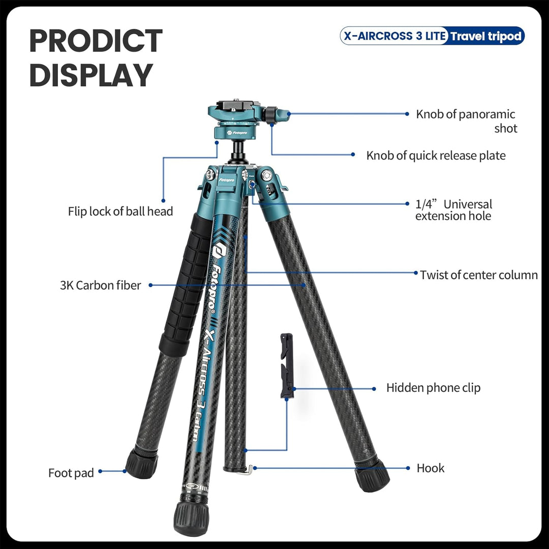 Fotopro Kohlefaser-Stativ 130 cm 360 Grad Kugelkopf, Schnellwechselplatte, leichtes Kamerastativ für
