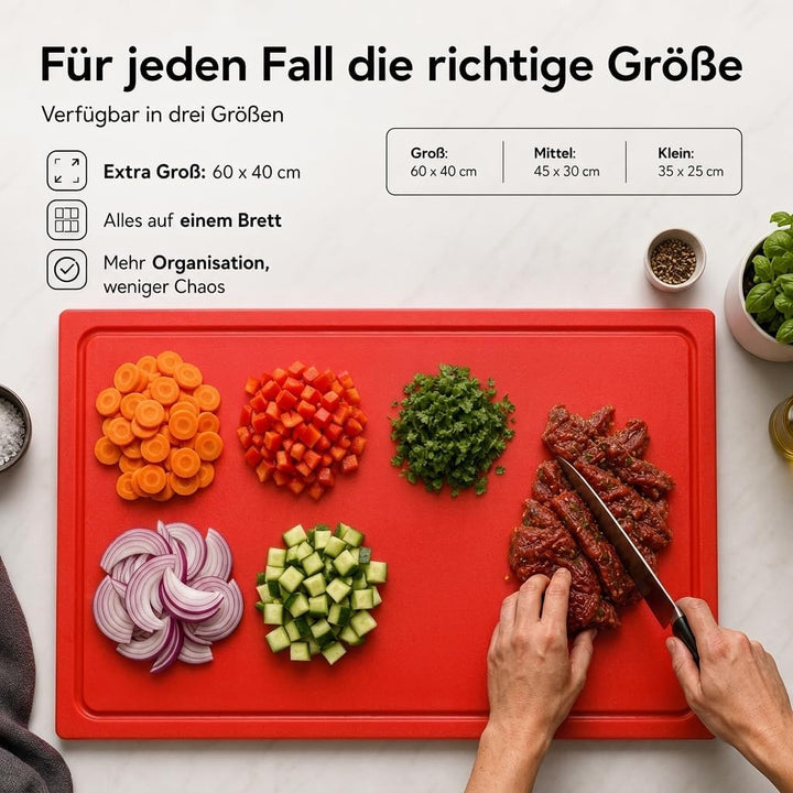 stabiles Schneidebrett Kunststoff | Rot, 35x25x2 cm | Spülmaschinenfest, EXTRA dick, messerschonend