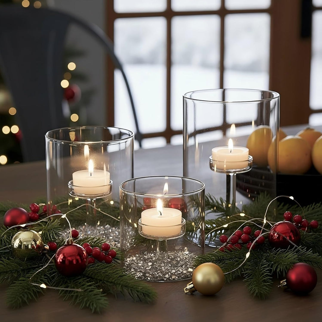 Set mit 3 Zylinder-Glas-Dekorativer Hurricane-Kerzenhalter, transparente Votivkerzenhalter, Tischdek