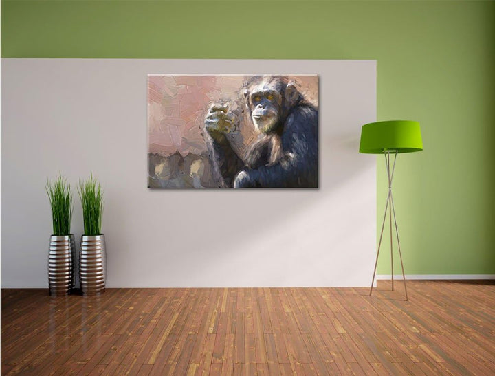 Pixxprint Aufmerksamer Schimpanse Kunst Pinsel Effekt, Format: 100x70 auf Leinwand, XXL riesige Bild