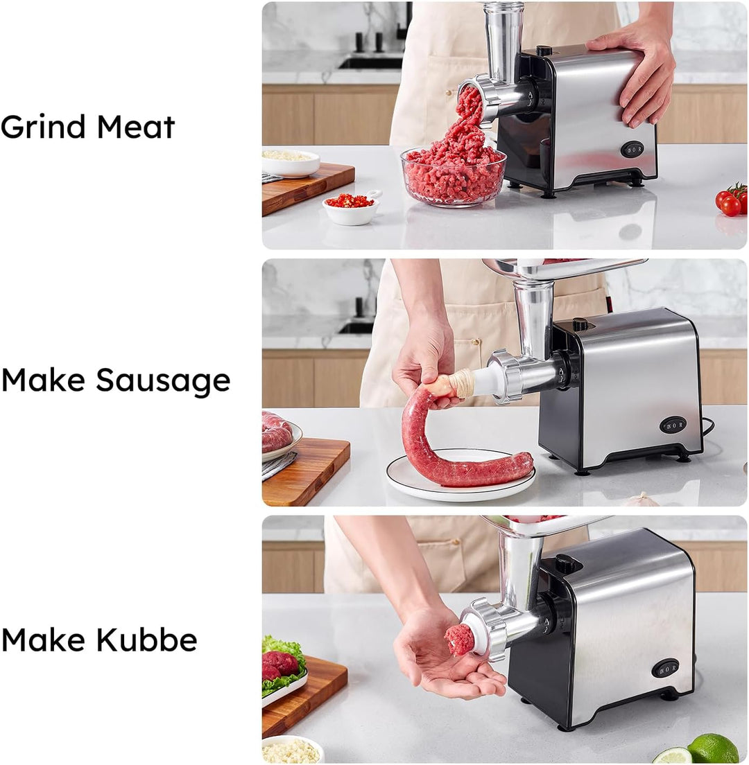Yabano 3 in 1 Elektrischer Fleischwolf, Edelstahl Hackfleischmaschine mit Wurstfüller, 3 Schleifplat