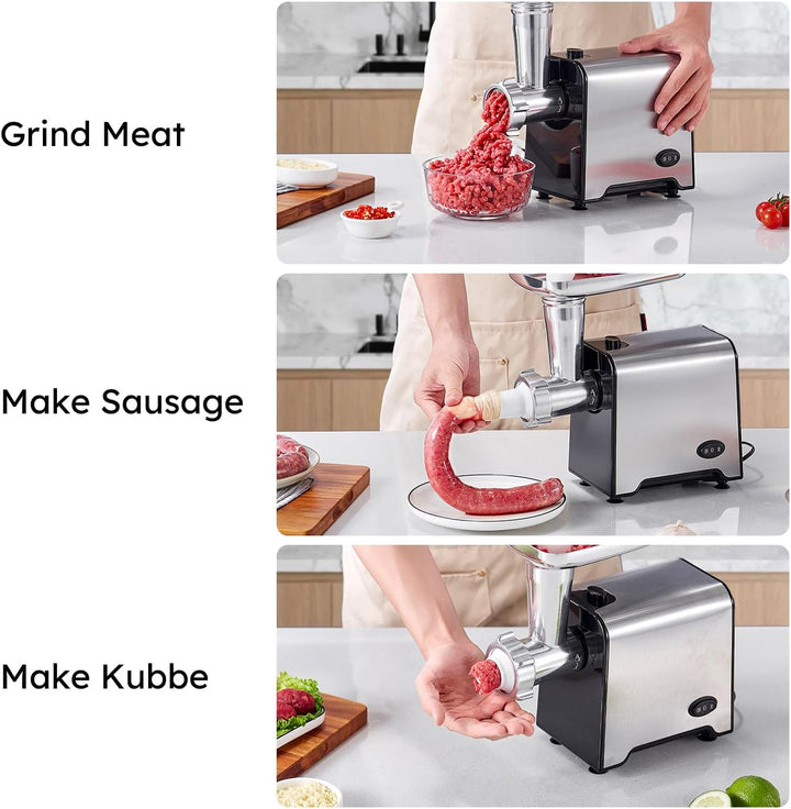 Yabano 3 in 1 Elektrischer Fleischwolf, Edelstahl Hackfleischmaschine mit Wurstfüller, 3 Schleifplat