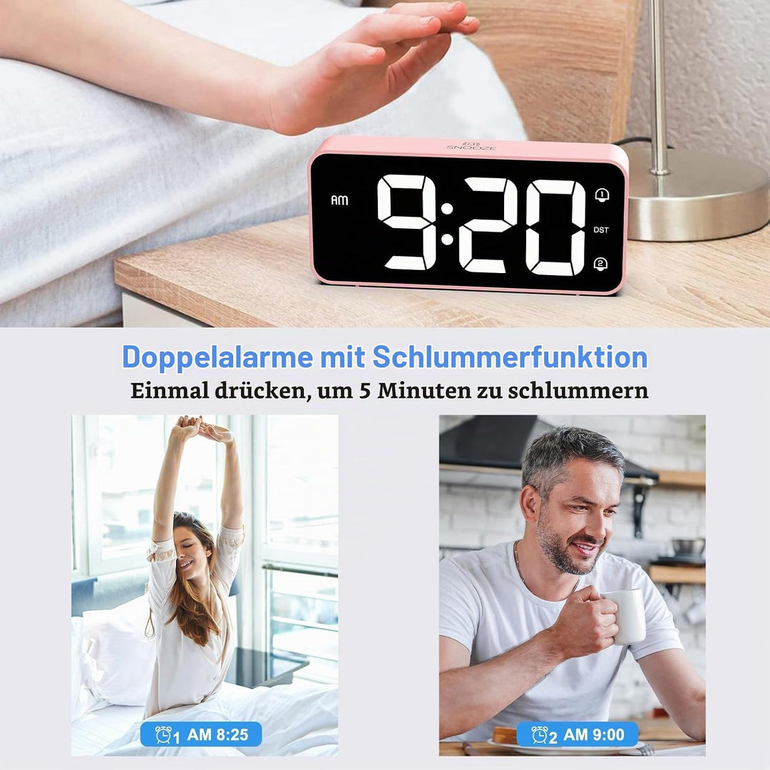 LATEC Wecker Digital, LED Digitaler Wecker mit 2 Alarme Snooze, Digital Uhr mit USB-Ladeanschluss, 0