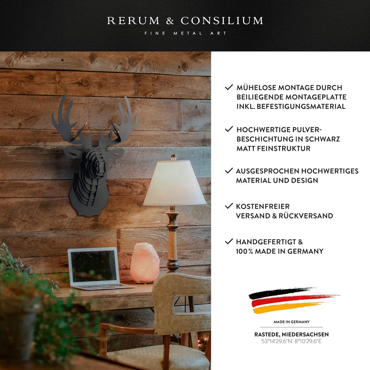 Rerum &amp; Consilium Hirsch Wanddeko in Schwarz I Made in Germany I 49 x 70 x 31 cm I 11 kg Eigengewich