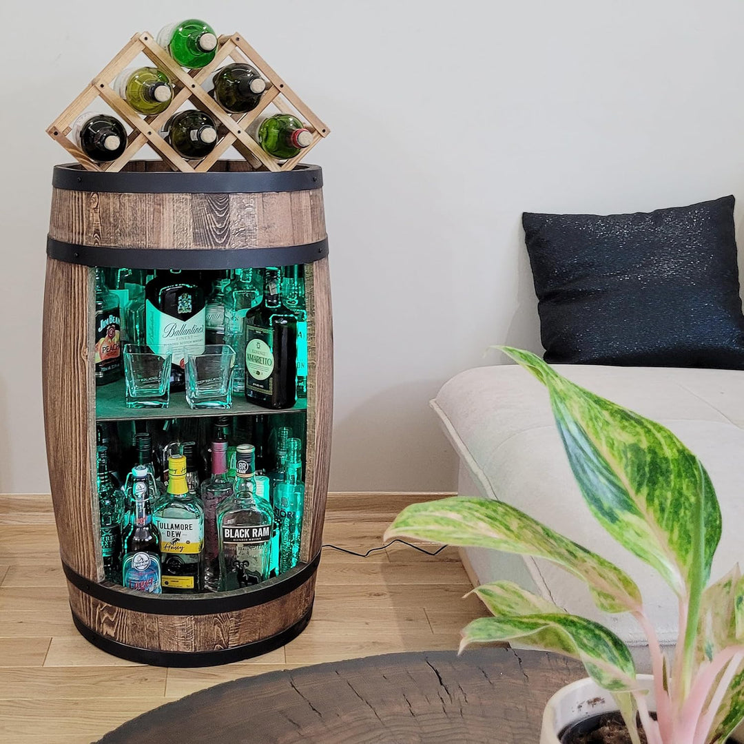weeco Holzfass mit weinhalter RGB LED Beleuchtung - Weinregal fassbar. Rustikaler deko Barschrank We