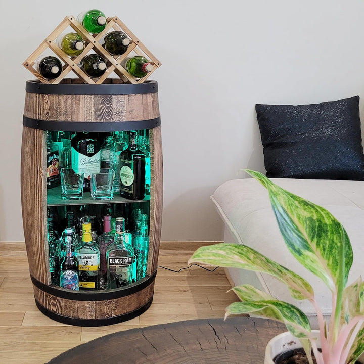 weeco Holzfass mit weinhalter RGB LED Beleuchtung - Weinregal fassbar. Rustikaler deko Barschrank We