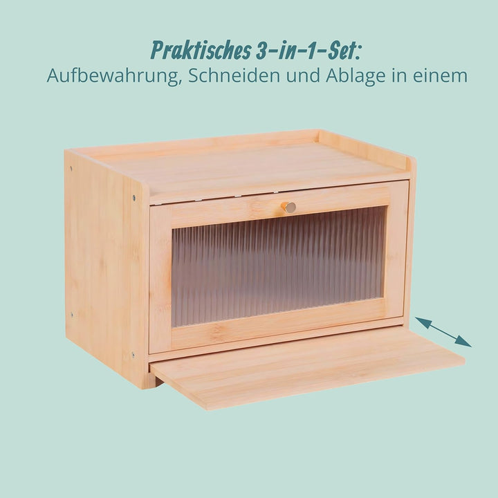 Relaxdays Brotkasten, Bambus, Schneidebrett, Ablage, Luftlöcher, Sichtfenster, HxBxT: 26 x 40 x 25 c