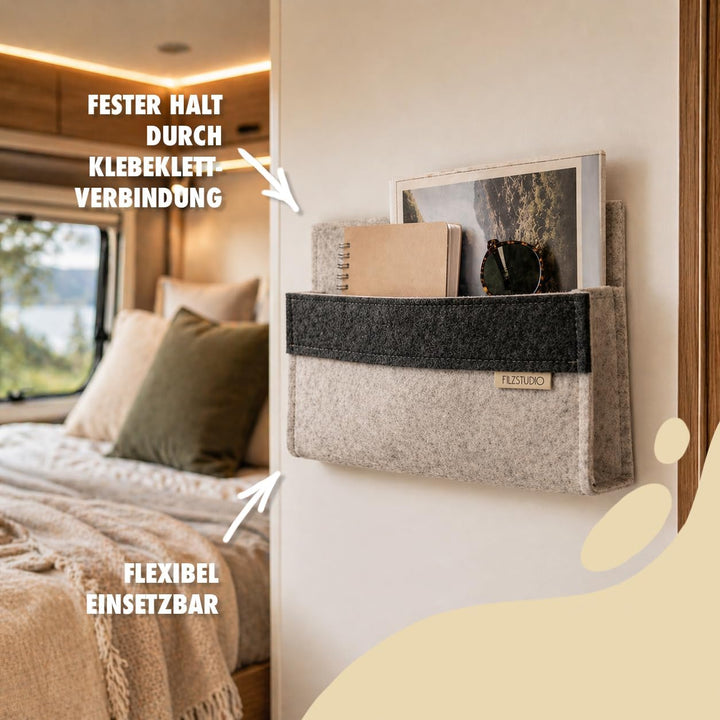 Filzstudio Wandtasche aus Wollfilz - Klebe-Klett - kleiner Wandorganizer für Wohnmobil, Bett &amp; Flur,