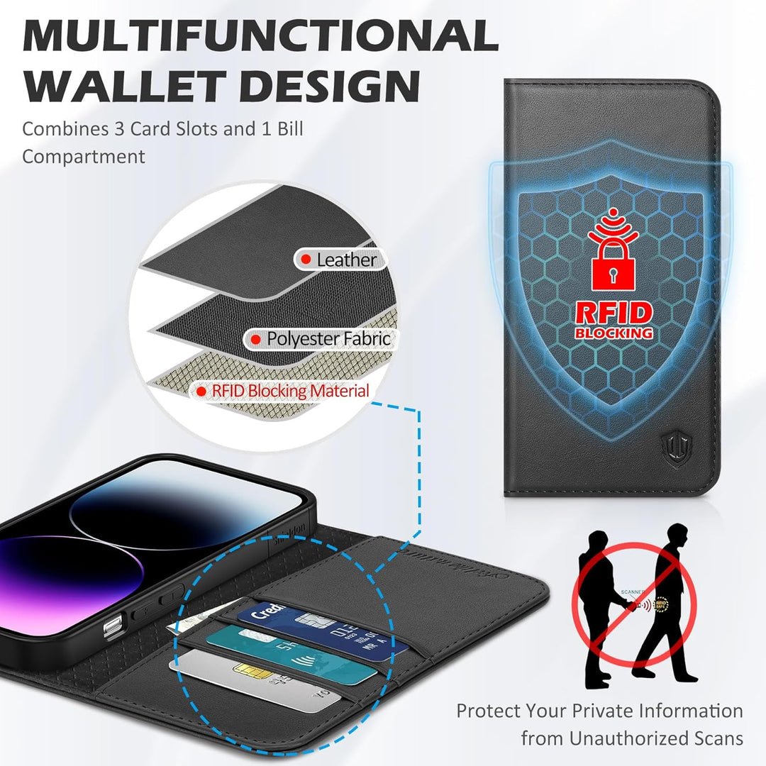 SHIELDON Hülle für iPhone 14 Pro Max Handyhülle TPU [Echtleder] [Kartenfach] [Magnet] Standfunktion