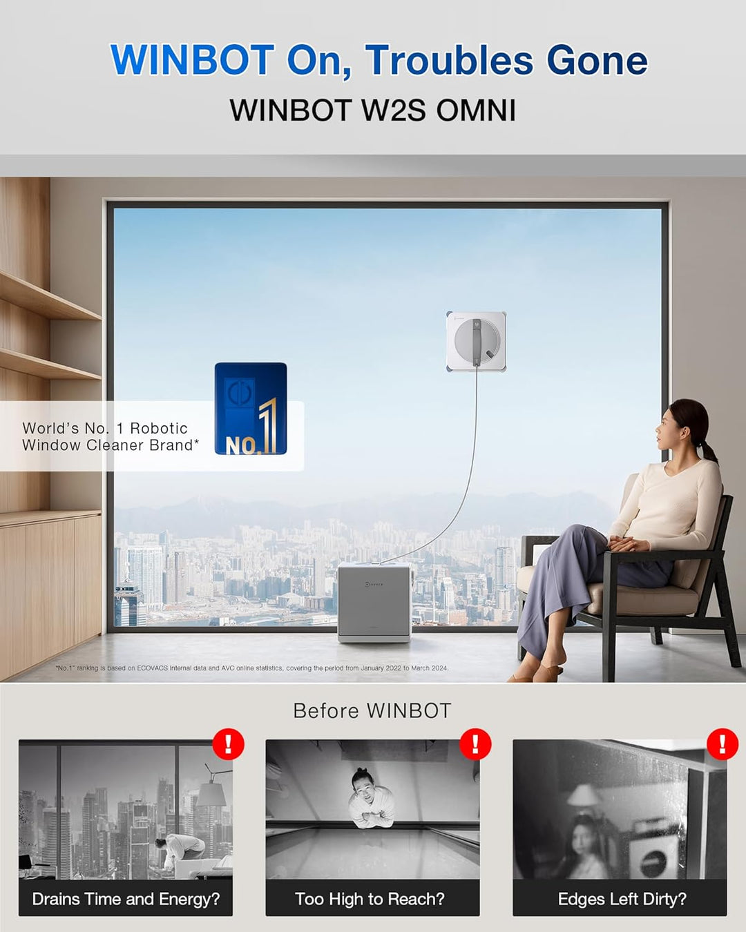 ECOVACS WINBOT W2S Omni Fensterreinigungsroboter, mit 6-in-1-Multifunktionsstation, TruEdge-zu-Rand-