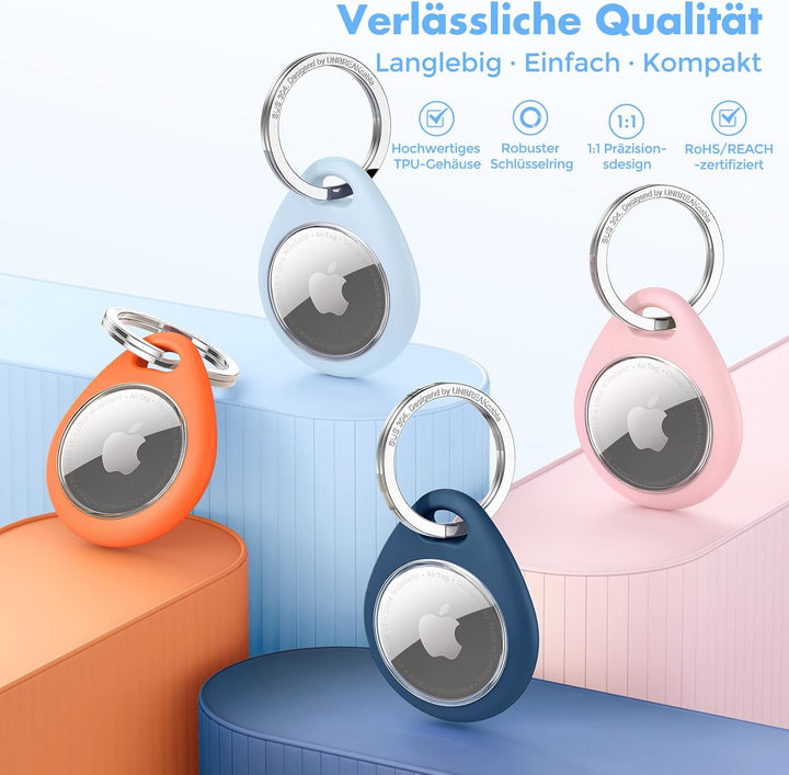 UNBREAKcable 360° Schutzhülle für AirTag [4er-Pack], TPU Vollschutz Schlüsselanhänger mit 304 Edelst