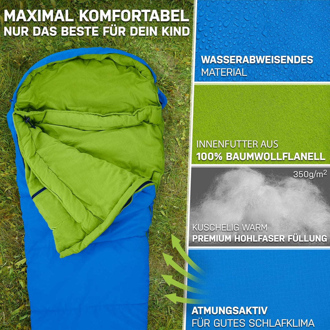 NORDBÄR® Kinderschlafsack für Jungs &amp; Mädchen bis 145 cm Körpergrösse | Innenfutter aus 100% Baumwol