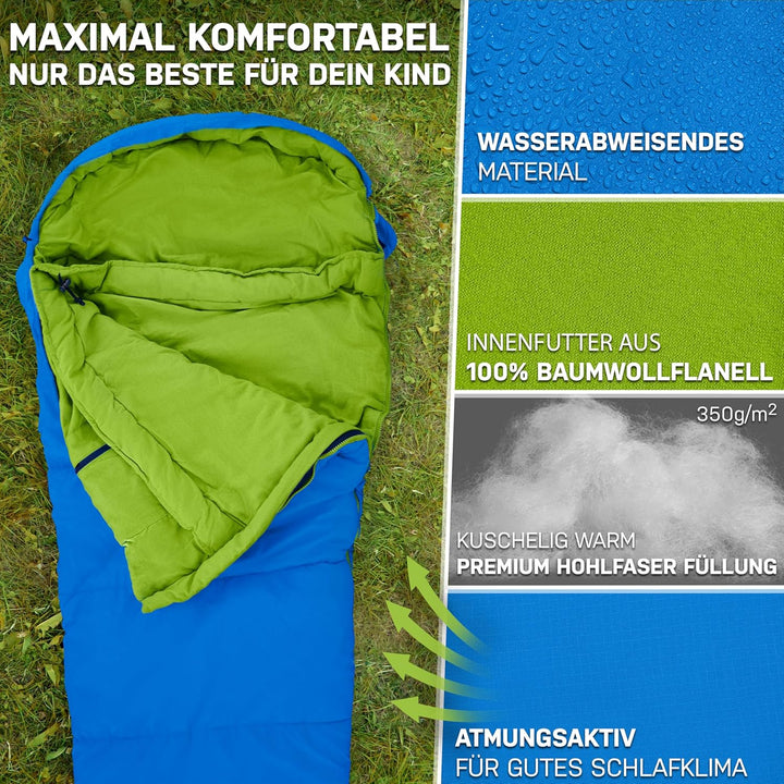 NORDBÄR® Kinderschlafsack für Jungs &amp; Mädchen bis 145 cm Körpergrösse | Innenfutter aus 100% Baumwol