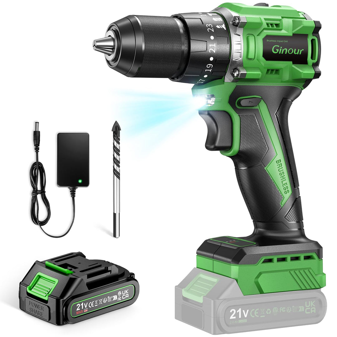 Ginour 21V Bürstenlos Akku Schlagbohrschrauber Set, 50 Nm, 1x2Ah Akku, kompatibel mit Makita 18V Akk
