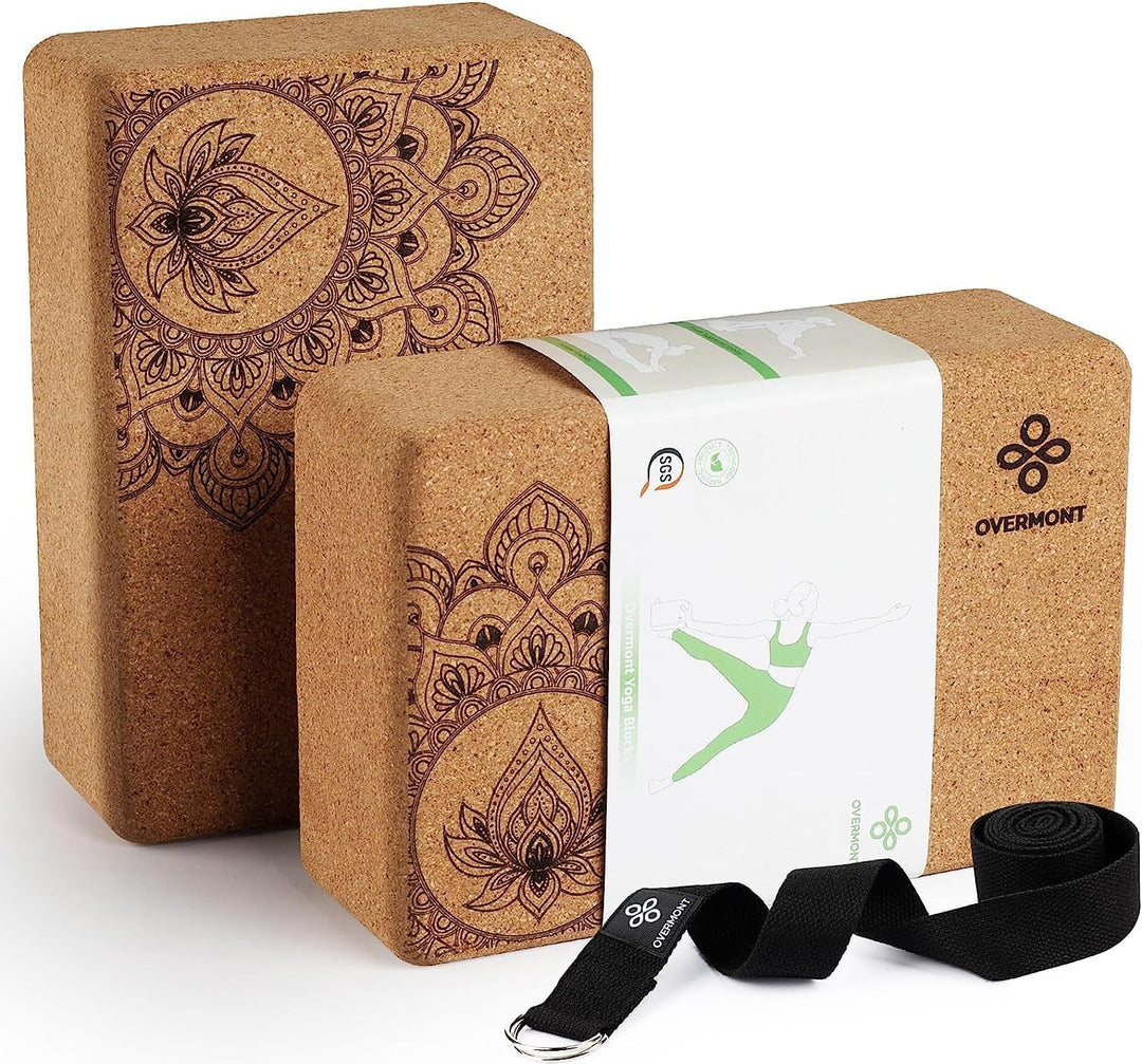 Overmont Yogablöcke Kork 2er Set Yogaklotz - Yoga Block mit Yoga Gurt - Korkblock für Fitness Pilate