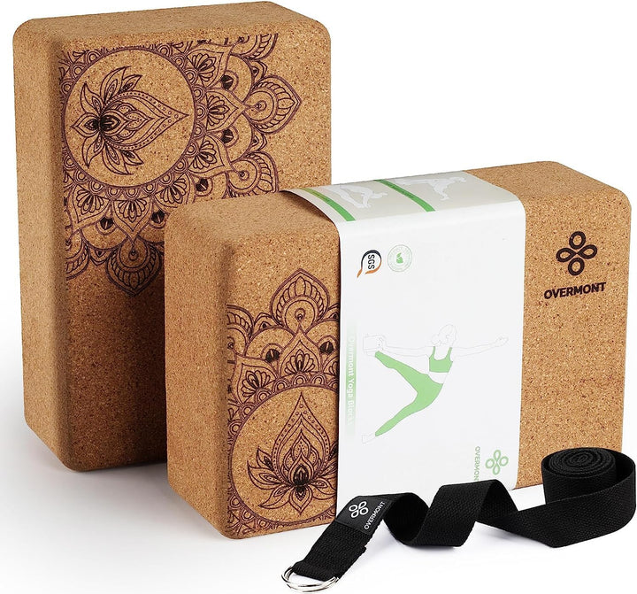 Overmont Yogablöcke Kork 2er Set Yogaklotz - Yoga Block mit Yoga Gurt - Korkblock für Fitness Pilate