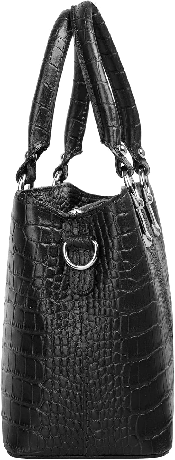 Umhängetasche Echt Leder Damen Made in Italy, Kroko-Optik Handtasche, Damen Schultertasche, elegante