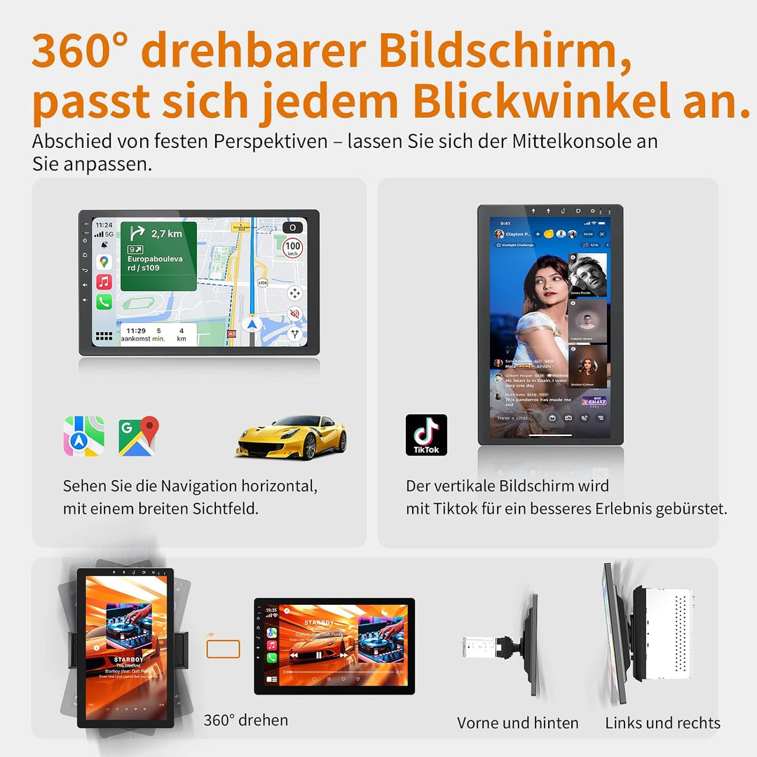 Haudio 1Din Autoradio, mit 10.1 Zoll drehbar Bildschirm,Kompatibel mit Wireless Apple CarPlay und An