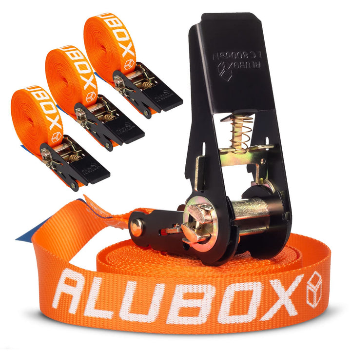 Alubox Spanngurt mit Ratsche 25mm breit orange Belastbarkeit 800kg Ratschengurt TÜV G/S geprüft - Lä