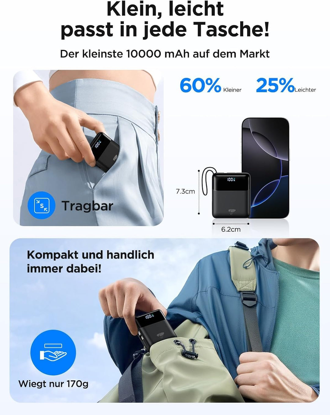 Aioneus Mini PowerBank, 10000mAh Power Bank mit Integriertem USB-C & Lightning Kabel, Minigrösse Ext
