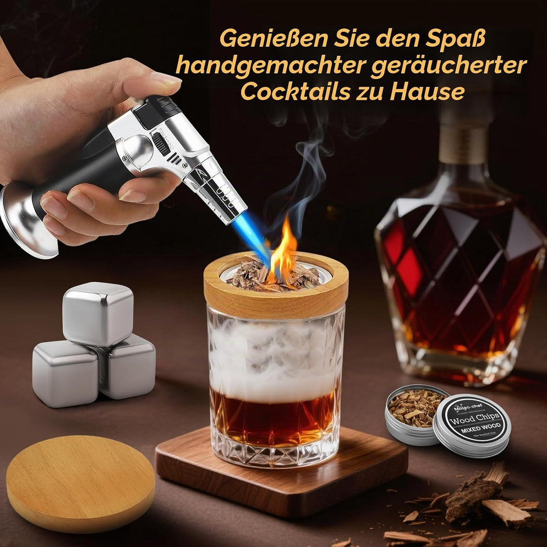 Whisky Smoker Set, whiskey smoker, 8 Holzchips, 3 Edelstahl-Whiskysteinen, Bar Zubehör, Geschenk für