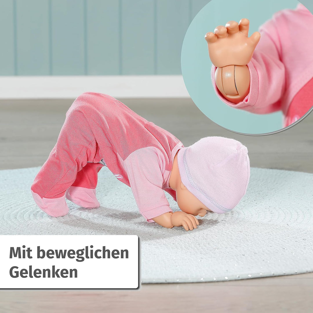 Baby Annabell Emily lauf mit Mir 43cm, Krabbel- und Lauflernpuppe mit Soundfunktion, rosa Strampler