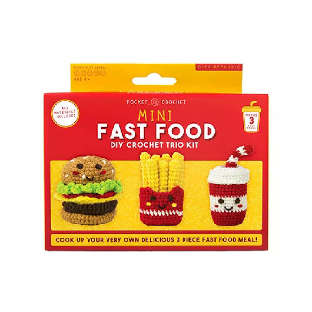 Mini Fast Food Häkelset - DIY Häkeltrio-Set für Anfänger | Burger, Pommes Frites & Drink Charaktere