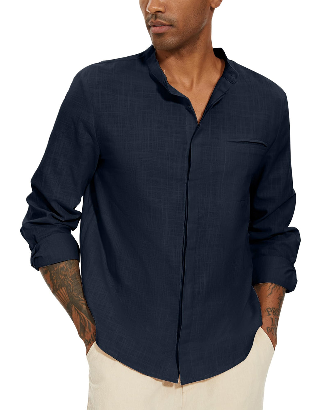 YAOBAOLE Leinenhemd für Herren, Casual, Sommerhemd, leicht, lange Ärmel, Knöpfe, Mao-Kragen, Strand,