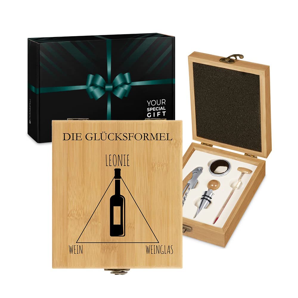 Maverton Weinöffner-Set personalisiert Weinset Sommelier Set - Geschenkbox Holzbox + 4er Weinzubehör