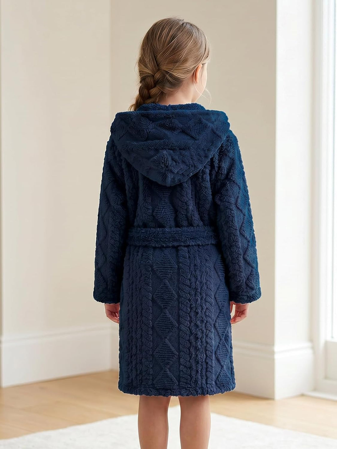 JiAmy Kinder Bademantel mit Kapuze Fleece Morgenmantel für Jungen Mädchen Navyblau 10-12 Jahre, Navy
