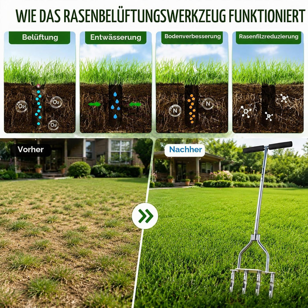 Rasenlüfter Pro – Aerifiziergabel &amp; Handvertikutierer mit 4 Hohlzinken