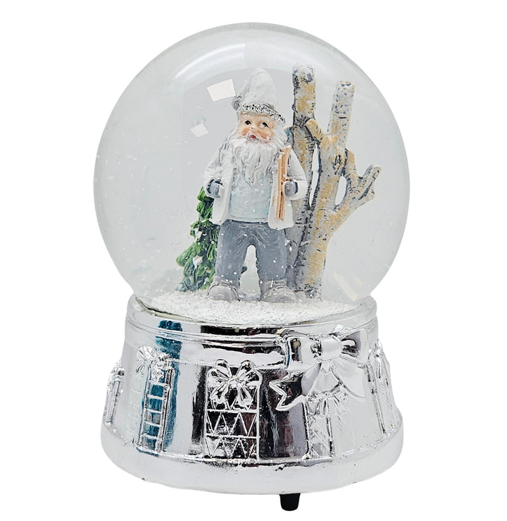 Schneekugel Weihnachten Spieluhr | Wichtel grau weiss im Winterwald | Sockel Silber | Höhe: 140mm, B