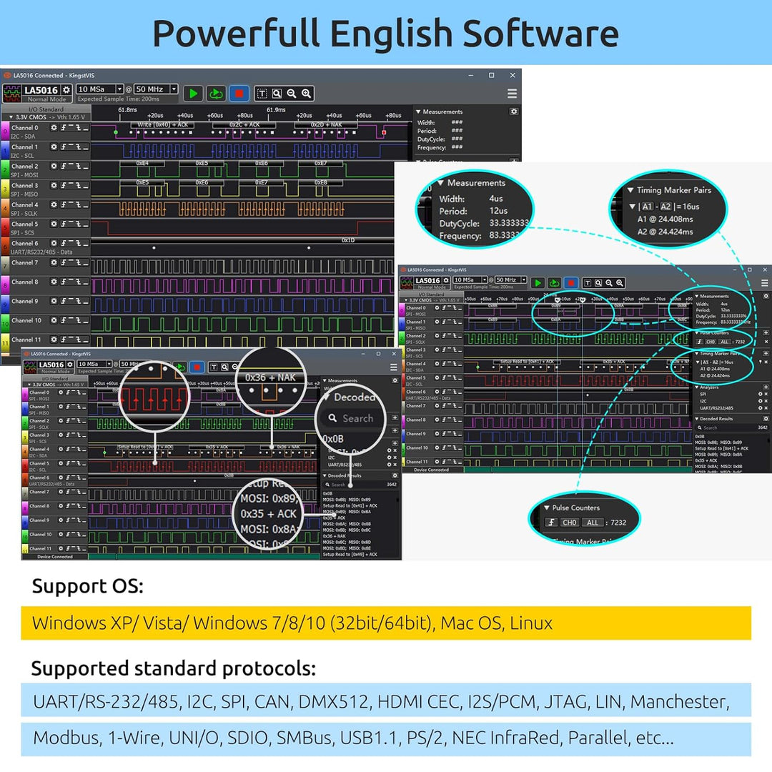 InnoMaker LA5016 USB-Logikanalysator - 16 Kanäle 500MS/s 10GB Tiefe PWM-Generator, MCU ARM FPGA Debu
