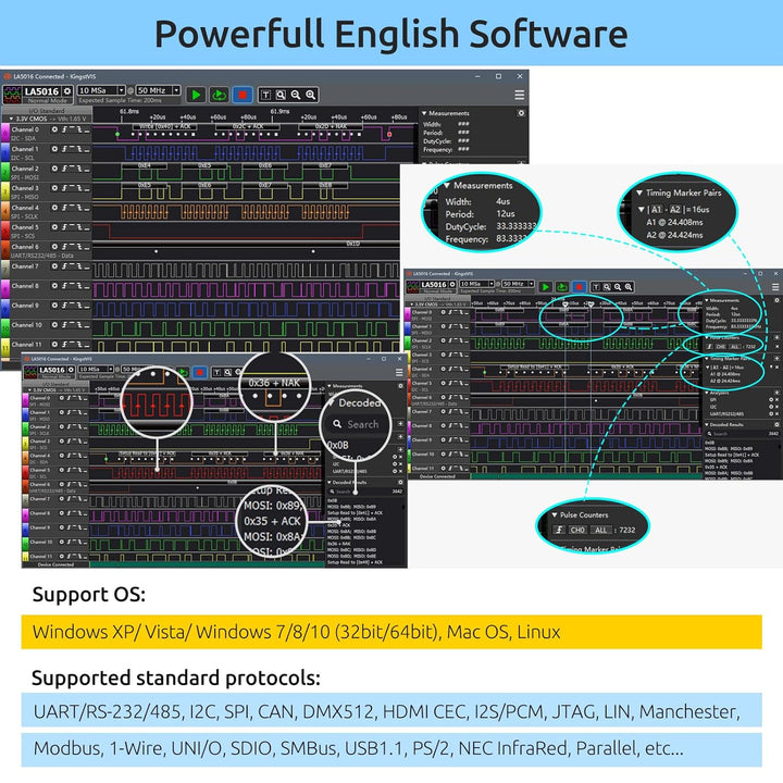 InnoMaker LA5016 USB-Logikanalysator - 16 Kanäle 500MS/s 10GB Tiefe PWM-Generator, MCU ARM FPGA Debu