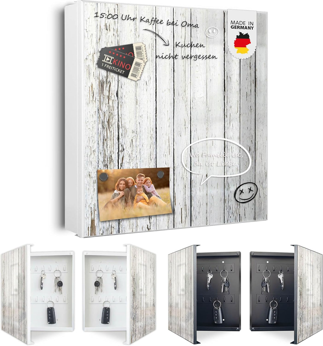 banjado® Grosser Schlüsselkasten Glas/Schlüsselbox 30cm x 30cm mit 50 Haken - Motiv Weisser Holzzaun