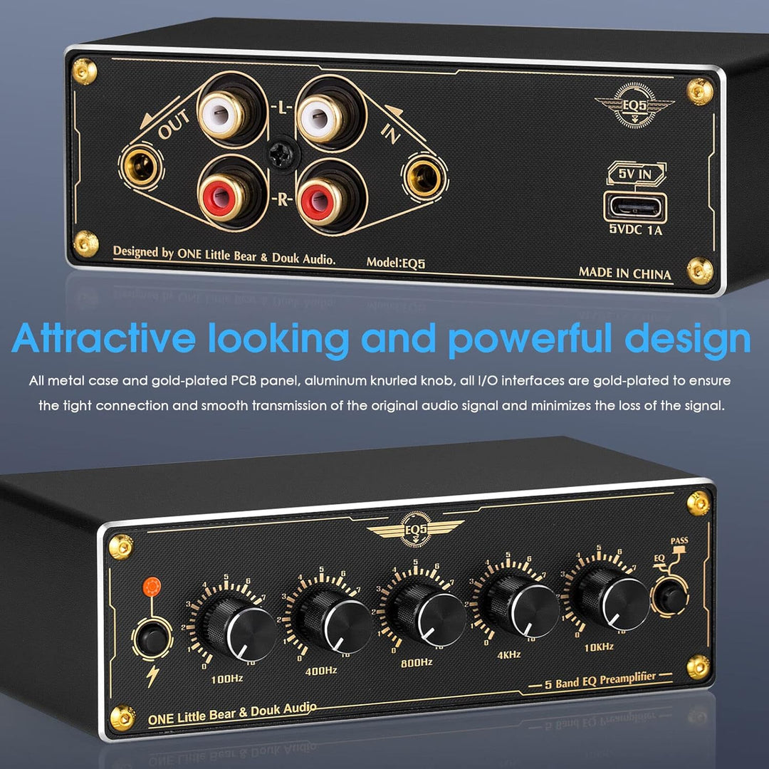 Douk Audio EQ5 Mini Vorverstärker 5-Band EQ Preamp Stereo Analog Equalizer Portable Audio Processor