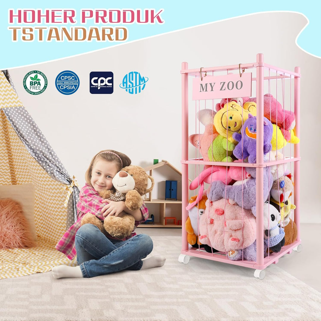 Massivholz Kuscheltier Aufbewahrung mit 360° Rollen & Bremse – inkl. Baumwollnetz, Plüschtier Organi