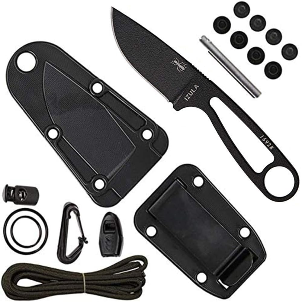 ESEE Knives Izula Fixed Blade Knife w/Survival Kit, Sheath & Clip Plate Schwarz, Schwarz