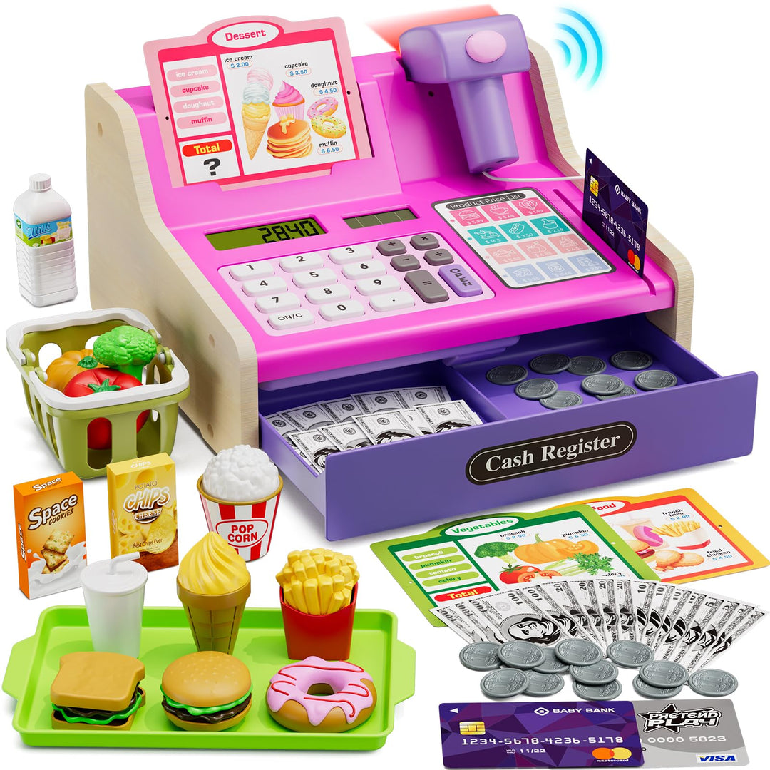 Kinder Kasse Holzkasse mit Sound, Spielkasse Kaufladen Spielzeug mit Spielgeld/Münzen/Kreditkarte/Ei