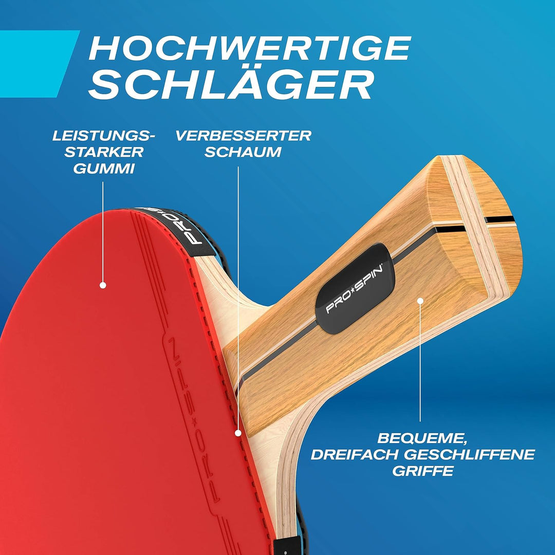 PRO-SPIN Tischtennisschläger Set - Mit Tischtennisnetz Für Jeden Tisch, Tischtennis bälle 3-Sterne,