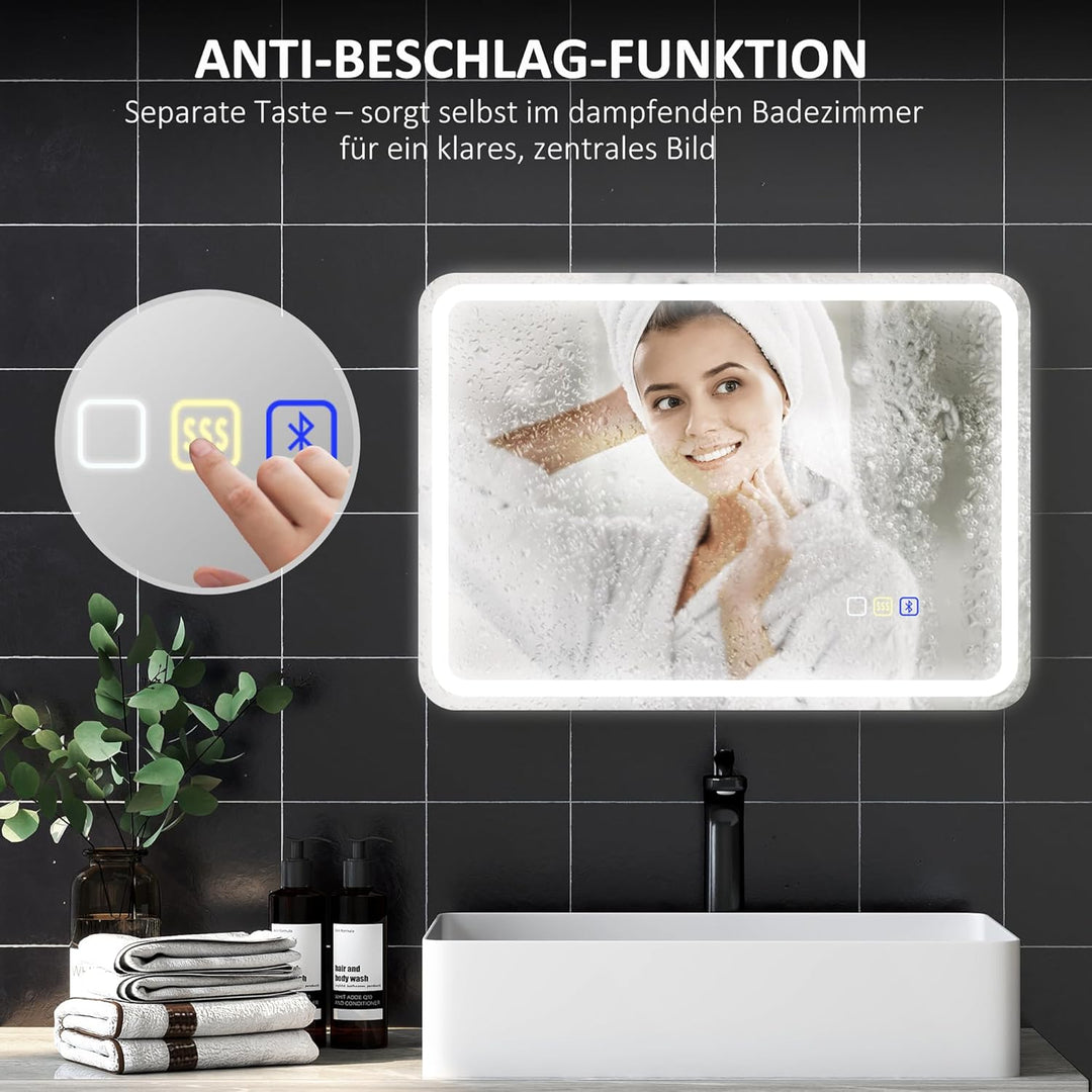 HOMCOM Badspiegel mit Beleuchtung 50x70 cm LED Spiegel Wandspiegel mit Bluetooth-Musikfunktion Touch