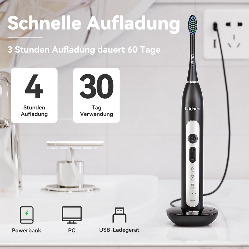 Lächen elektrische Zahnbürste Schallzahnbürste mit 4 Aufsteckbürsten und Timer, 3 Modi & 3 Vibration