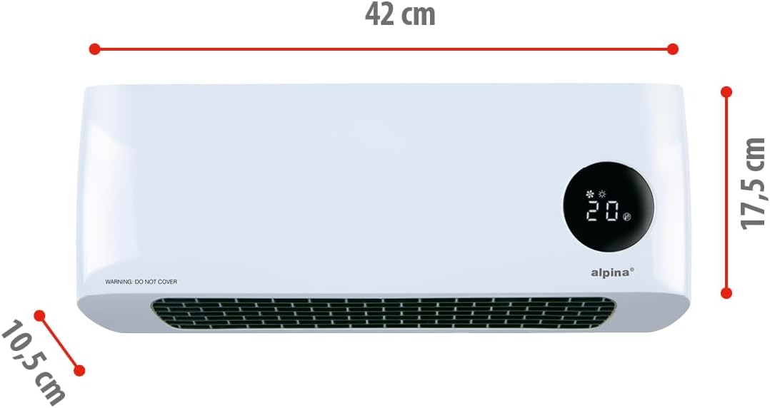 alpina Wand Heizlüfter 2000W – Keramik Heizstrahler mit 2 Leistungsstufen und Timer – Digital Thermo