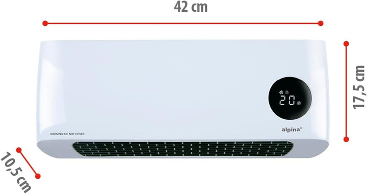 alpina Wand Heizlüfter 2000W – Keramik Heizstrahler mit 2 Leistungsstufen und Timer – Digital Thermo