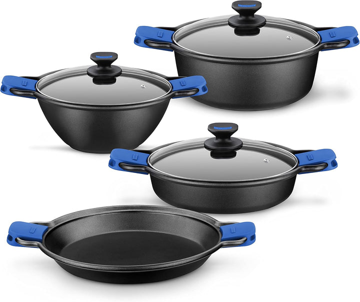 MONIX Solid+ | Hoher Schmortopf, Glasdeckel und Silikongriffe, 8 Liter, Aluminium, Schwarz und Blau,