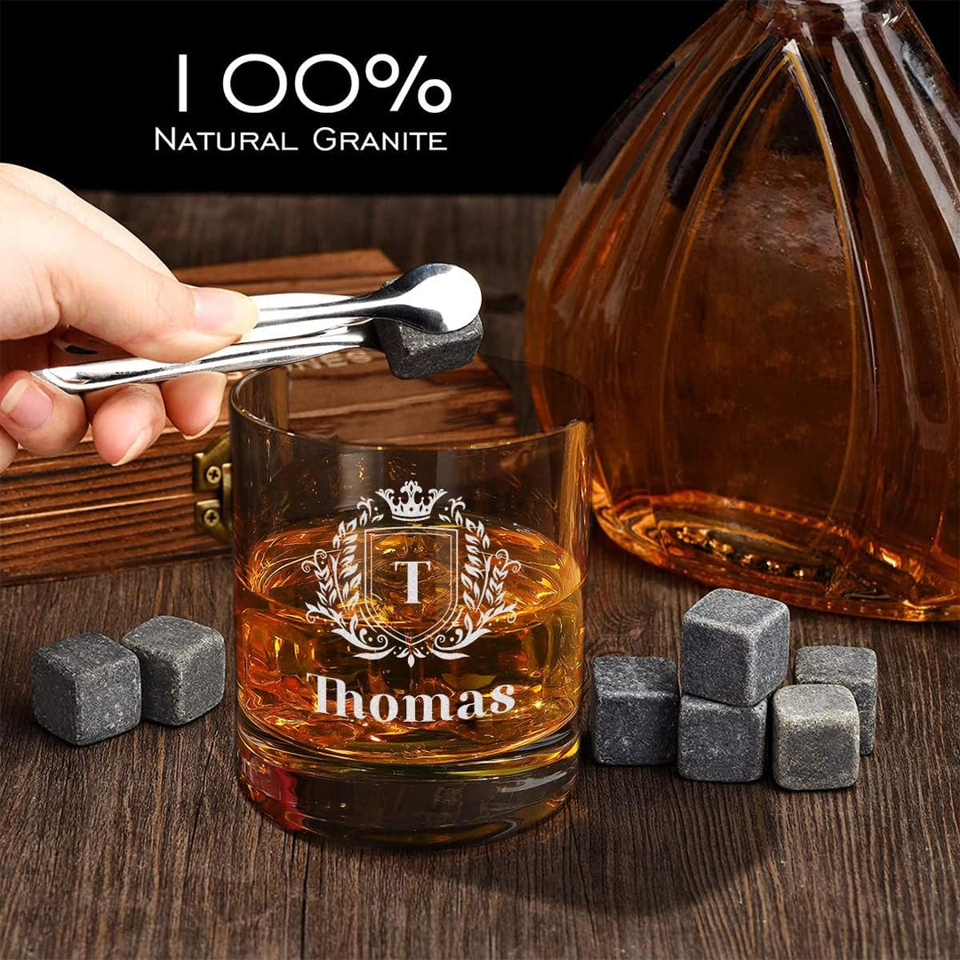 5-TLG Whisky Steine Set - mit gravierter Holzbox und Whiskyglas - mit 9x Kühlsteine + 1x Zange + 1x