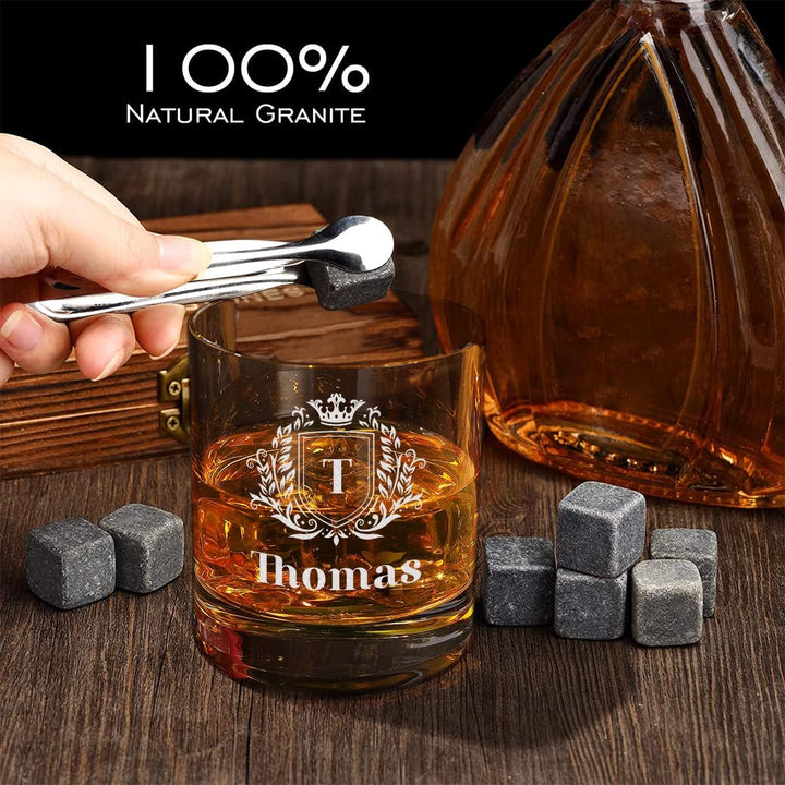 5-TLG Whisky Steine Set - mit gravierter Holzbox und Whiskyglas - mit 9x Kühlsteine + 1x Zange + 1x